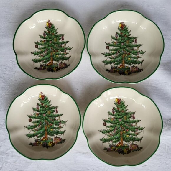 Spode Christmas Tree Dessert Dishes Small Green Scalloped Rim S3324 T 32 England - Picture 4 of 5